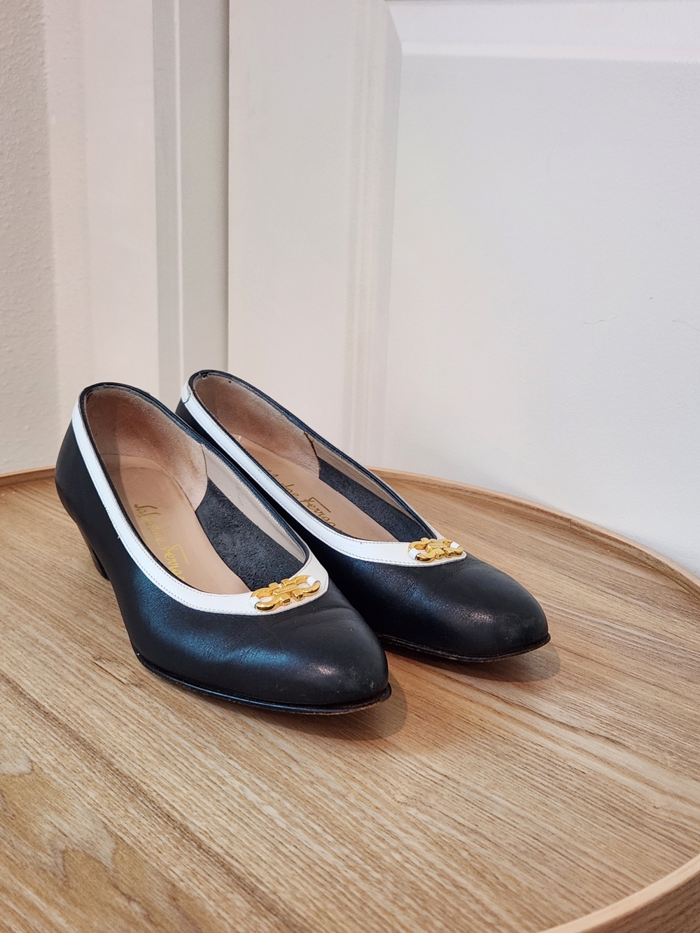 Salvatore Ferragamo Dark Navy Almost Black Leather Pumps with Gold Logo Hardware